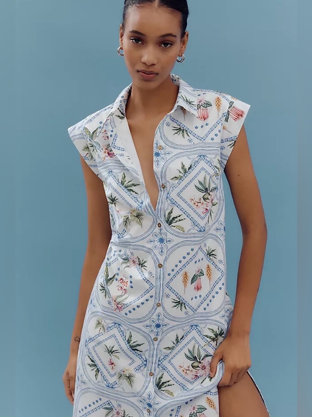 Maeve Anthropologie XS Blue Floral Tile Print Midi Shirt Dress Pockets